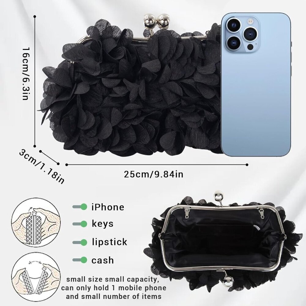 Women Elegant Satin Clutch Bag with Detachable Chain Small Floral Evening Purse - Picture 3 of 7